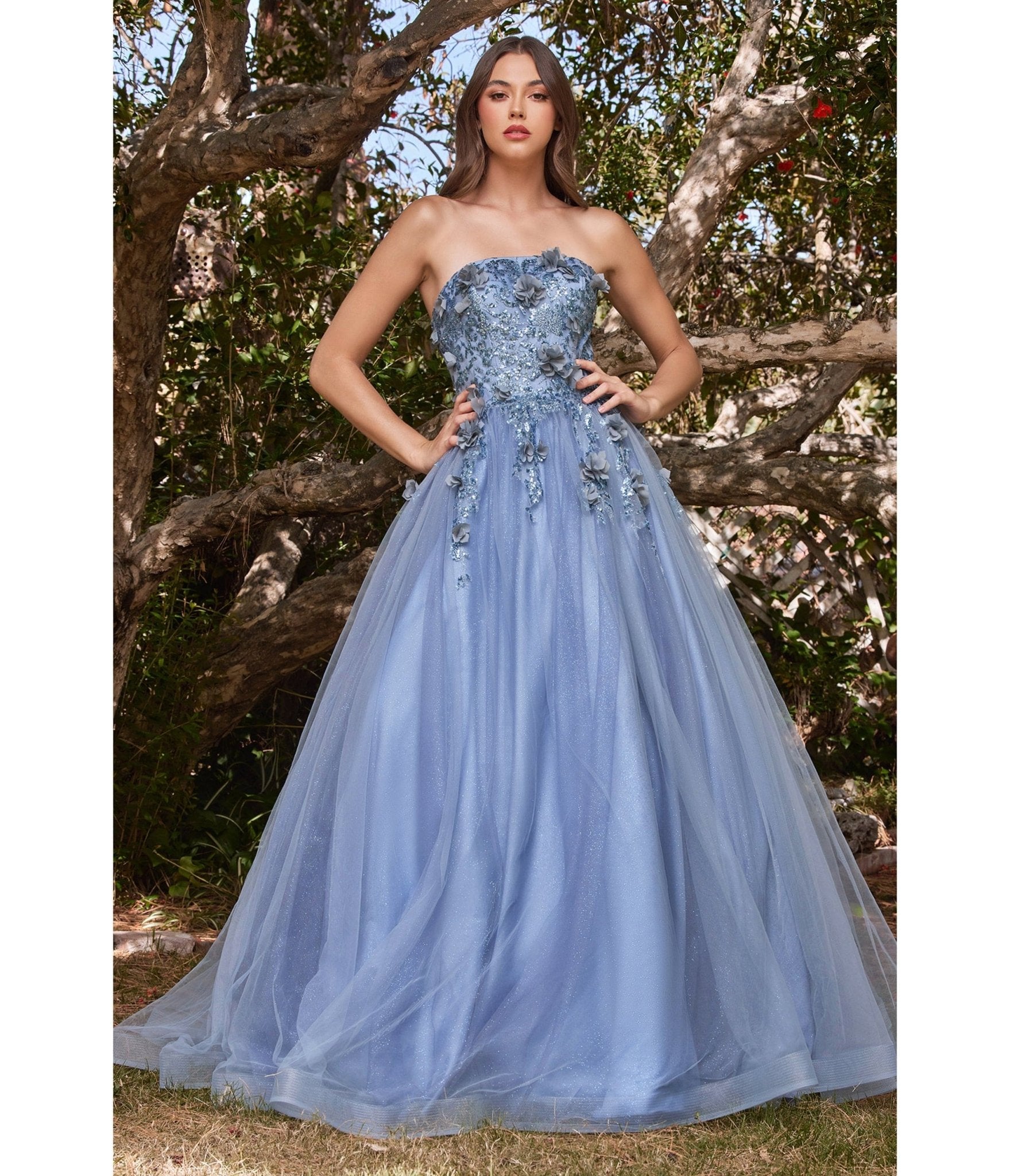Ice Blue Lace and Tulle Split Long Prom Dress - Lunss